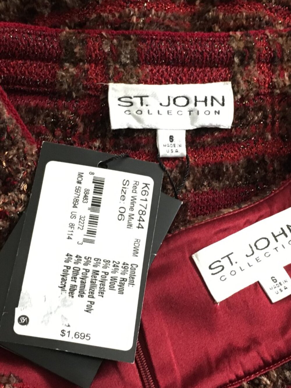 NWT NEW st john collection knit red wine multi fringe jacket skirt suit size 6 - Picture 8 of 8